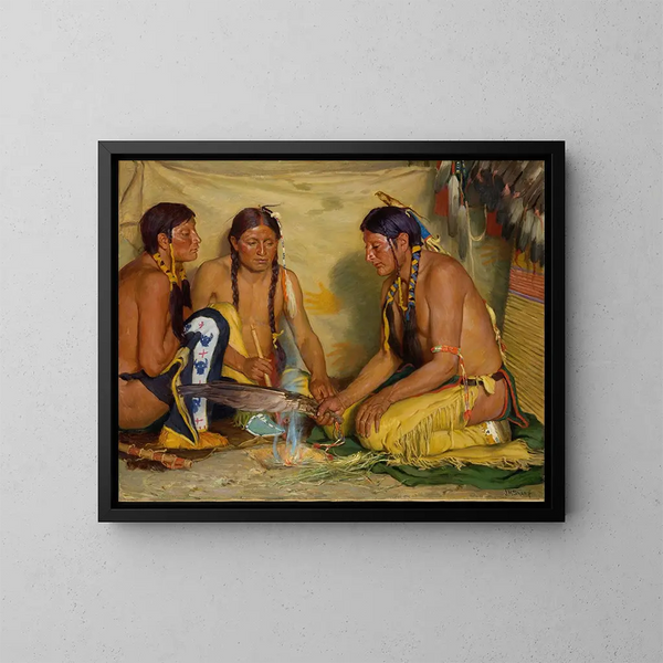 Fabricatie van de geneeskunde op basis van zachte kruiden, Blackfoot-ceremonie - Joseph Henry Sharp — ingelijst kunstwerk aan de muur