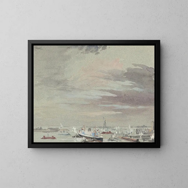 Het Haven en het Standbeeld van de Vrijheid - Joseph Pennell — ingelijst kunstwerk aan de muur