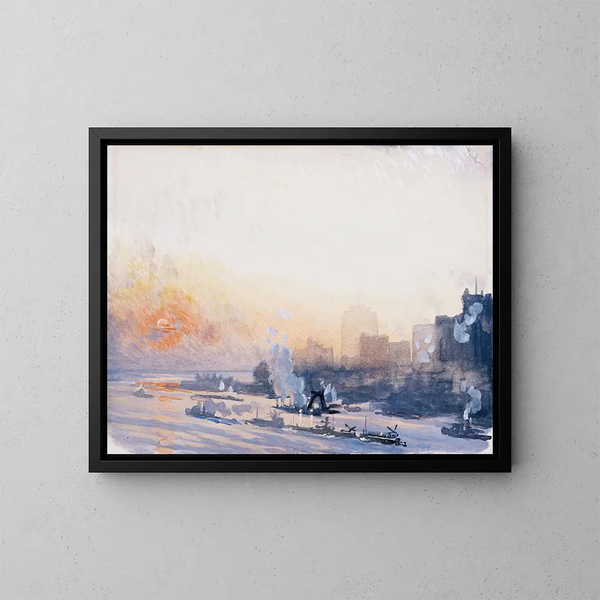 Winterzonsondergang in de haven van New York - Joseph Pennell — ingelijst kunstwerk aan de muur