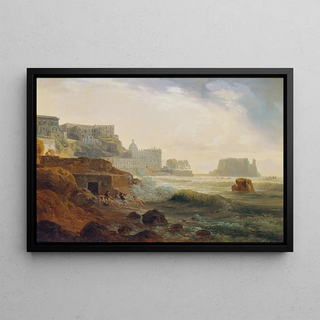 Joseph Rebell - Kste bei Neapel mit Kastell und netzziehenden Fischern.webp