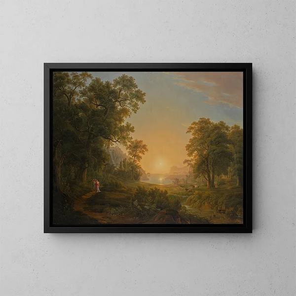 Landschapschilderij met zonopgang - Joseph Rebell — ingelijst kunstwerk aan de muur