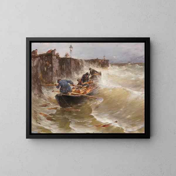 van gevaarlijk landingsproces van houtvissers op het Bodenmeer - Joseph Wopfner — ingelijst kunstwerk aan de muur