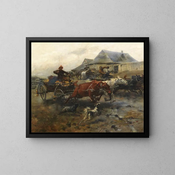 Terugkeer van de hooibalenwagen - Józef Brandt — ingelijst kunstwerk aan de muur