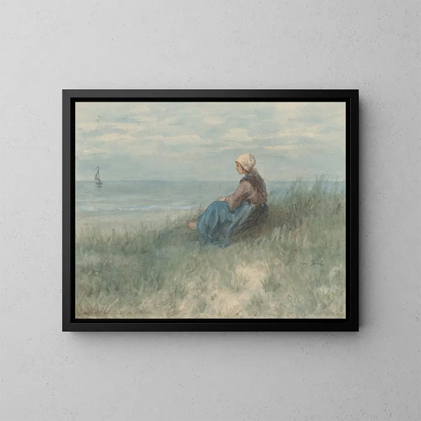 Een vrouw zittend op een duin die naar de zee kijkt - Jozef Israëls — ingelijst kunstwerk aan de muur