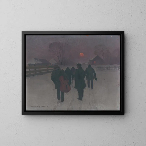 van Muzikanten die 's ochtends vroeg terugkeren door een besneeuwd landschap - Jozef Teodor Mousson — ingelijst kunstwerk aan de muur