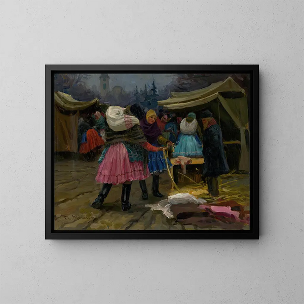 op de markt - Jozef Teodor Mousson — ingelijst kunstwerk aan de muur