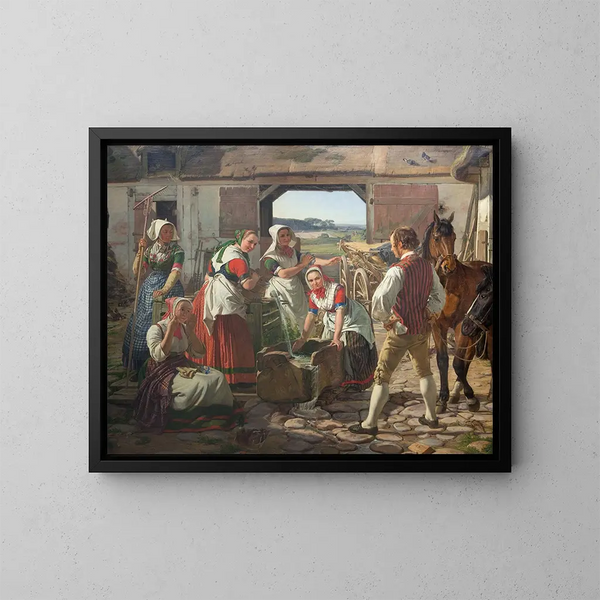 Boerderijdames uit Sjælland bij een brand - Jørgen Roed — ingelijst kunstwerk aan de muur
