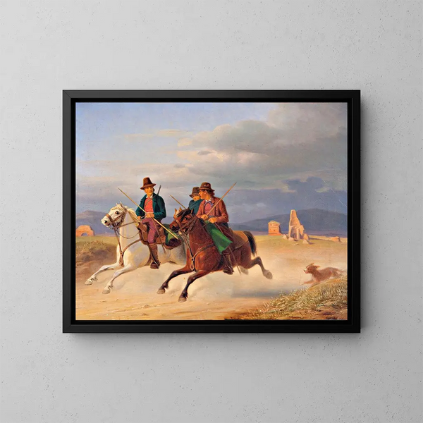 Drie veldmuisjes te paard - Jørgen Sonne — ingelijst kunstwerk aan de muur