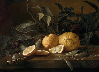 Juan Fernndez - A Still Life with Citrons a Knife and Peapods on a Stone Ledge.webp