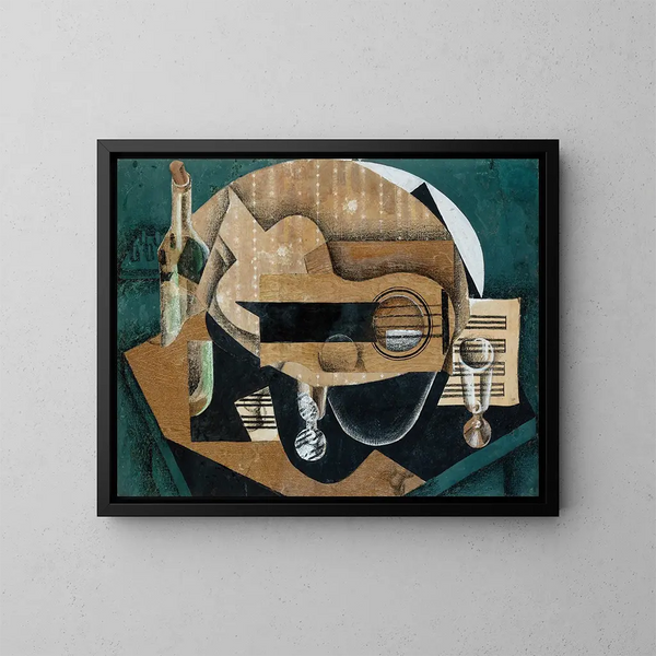 Een gitaar, een bril en een fles - Juan Gris — ingelijst kunstwerk aan de muur