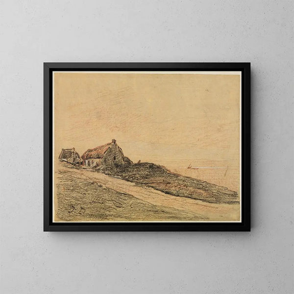 Landschap aan de kust in Cayeux met twee huisjes - Jules Dupré — ingelijst kunstwerk aan de muur