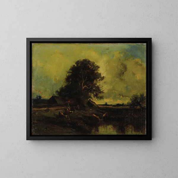 Landschap met rivier en een cottage - Jules Dupré — ingelijst kunstwerk aan de muur