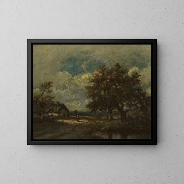 Het huisje aan de weg onder een onweerslucht - Jules Dupré — ingelijst kunstwerk aan de muur