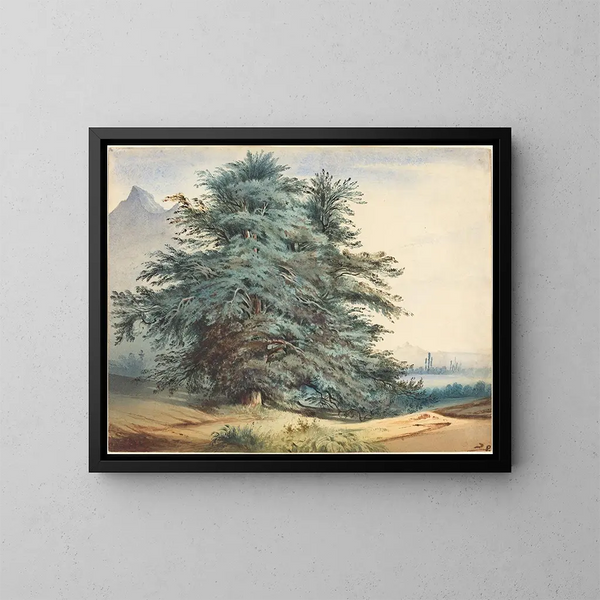 van Twee oude bomen voor een bergtop - Jules Dupré — ingelijst kunstwerk aan de muur