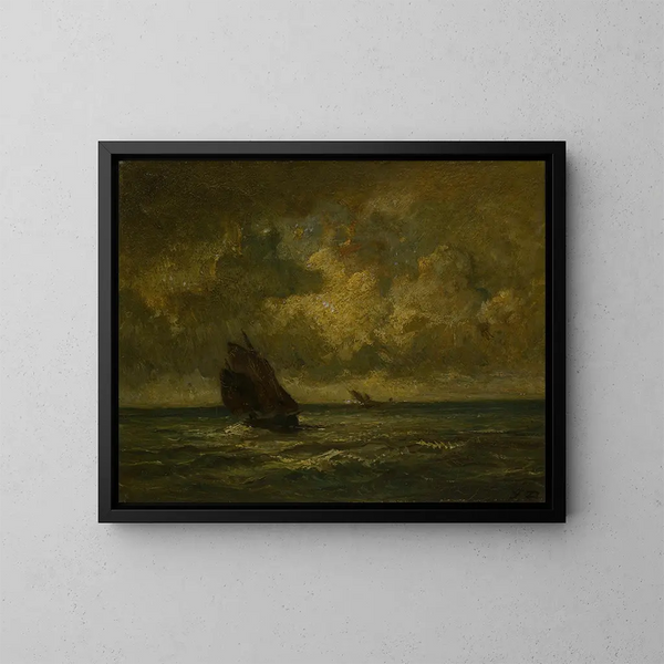 Twee boten in een storm - Jules Dupré — ingelijst kunstwerk aan de muur