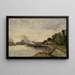 River landscape painting with a view of the city through the water - Jules Pétillon — framed artwork on a wall