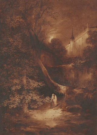 Julius Albert Elsasser - Moonlit Landscape with a Monk Walking near a Palace.webp
