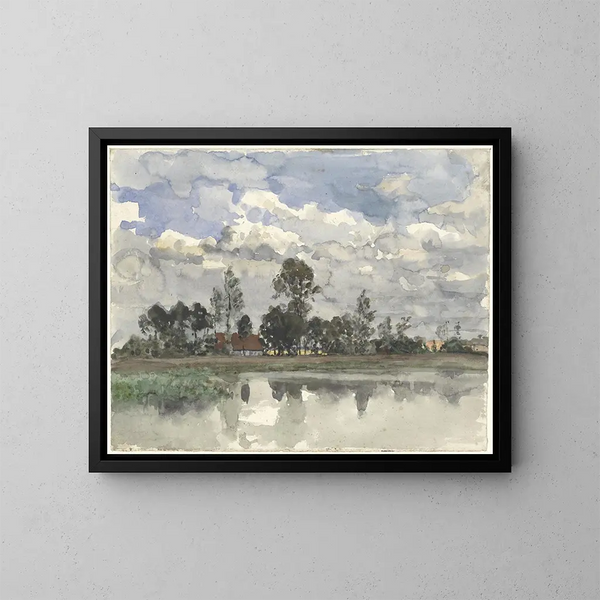 van bomen die zich weerspiegelen in het water onder een bewolkte hemel - Julius Jacobus van de Sande Bakhuyzen — ingelijst kunstwerk aan de muur