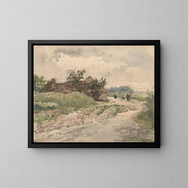 van een Landweg met enkele figuren die naar een boerderij leiden - Julius Jacobus van de Sande Bakhuyzen — ingelijst kunstwerk aan de muur