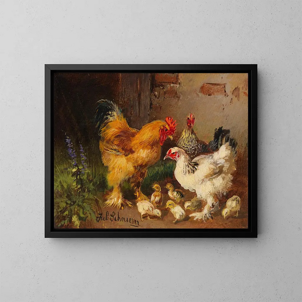 Koeien en kippen voor de schuur in de wei - Julius Scheuerer — ingelijst kunstwerk aan de muur