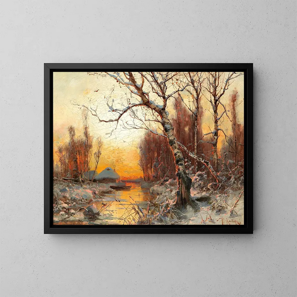 Winterlandschap met berkenbomen in het avondlicht - Julius Sergius Klever — ingelijst kunstwerk aan de muur