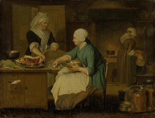 Keukeninterieur met drie vrouwen - Justus Juncker — weergave van het kunstwerk
