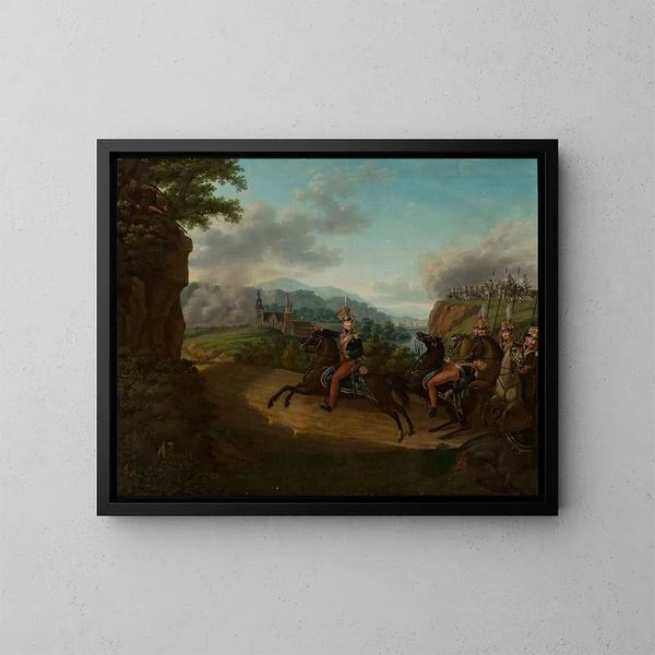 Kozietulski schilderij die een eskadron leidt in de optocht van Somossiera - Józef Sonntag — ingelijst kunstwerk aan de muur