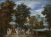 van een Schilderij van Cavaliers en wandelaars op een pad in een rivierlandschap - Karel Beschey — weergave van het kunstwerk