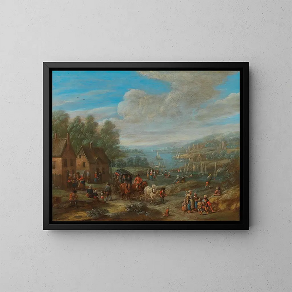van een rivierlandschap met een dorp en reizigers - Karel Breydel — ingelijst kunstwerk aan de muur