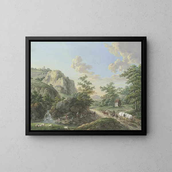 Landschap met berg met een kar op de weg rechts - Karl Franz Kraul — ingelijst kunstwerk aan de muur