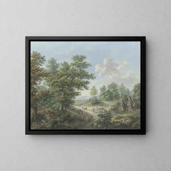 Uittrede uit het bos aan de rechterkant, de ruïne van een kapel waarin een ruiter zich begeeft. - Karl Franz Kraul — ingelijst kunstwerk aan de muur