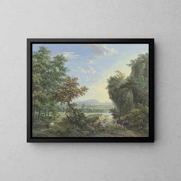 Prairie aan de waterkant en bos met hoge kliffen rechts - Karl Franz Kraul — ingelijst kunstwerk aan de muur