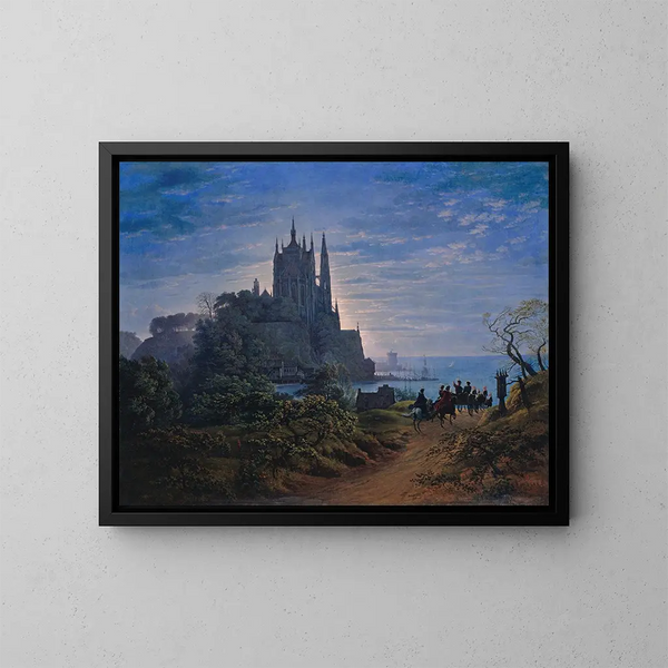 Kerk in gotische stijl op een rots aan de kust - Karl Friedrich Schinkel — ingelijst kunstwerk aan de muur