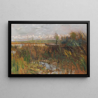 Karl Hagemeister - Mrkische Seenlandschaft mit Entenjger im Kahn stehend.webp