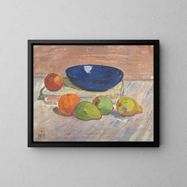 Natuurstudie met een blauwe kom en fruit - Karl Isakson — ingelijst kunstwerk aan de muur