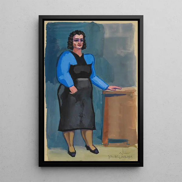Karl Wiener - Ohne Titel Frau in blauer Bluse und schwarzem Kleid.webp