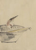 a bird perched at the edge of a bowl, head tilted looking at a utensil in the bowl - Katsushika Hokusai — artwork view