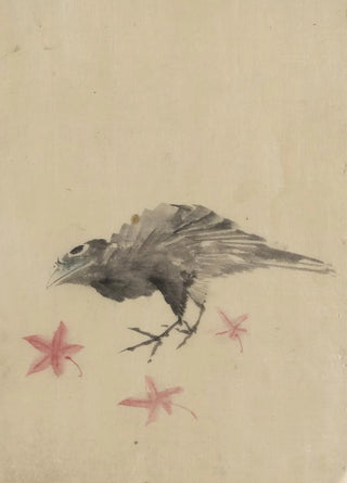 Katsushika Hokusai - A bird possibly crow or raven facing left standing among leaves with head cocked as though looking closely or listening.webp
