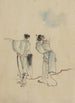 a man and a woman seen from behind looking at where the man points with his left arm - Katsushika Hokusai — artwork view