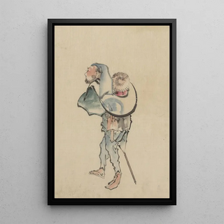 Katsushika Hokusai - A man walking to the left with a large hat resting on his back and wearing sandals holding a short staff possibly used to propell a boat.webp