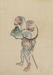 a man walking to the left with a large hat resting on his back and wearing sandals, holding a short stick possibly used to propel a boat - Katsushika Hokusai — artwork view