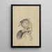 a man wearing a large conical hat and a straw or feathered garment - Katsushika Hokusai — framed artwork on a wall