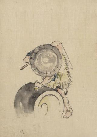 Katsushika Hokusai - A man wearing a large conical hat and a straw or feather garment.webp