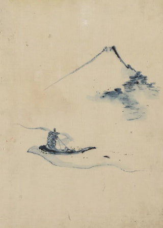 Katsushika Hokusai - A person in a small boat on a river with Mount Fuji in the background.webp