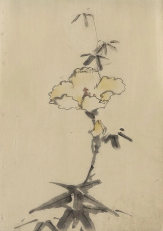 Katsushika Hokusai - Yellow blossom with bud on a stalk above leaves.webp