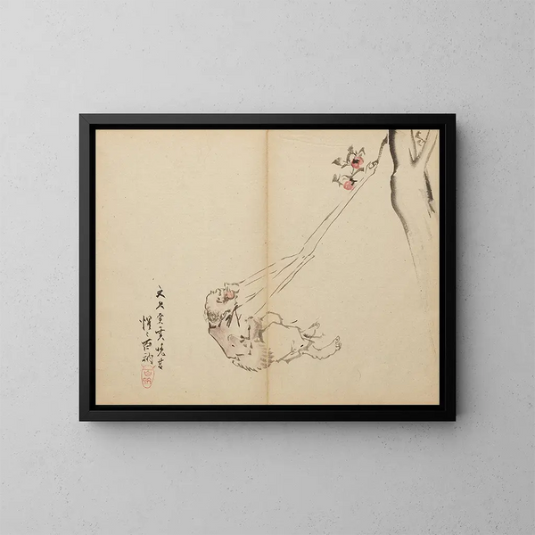 De lange armen die fruit vasthouden - Kawanabe Kyōsai — ingelijst kunstwerk aan de muur