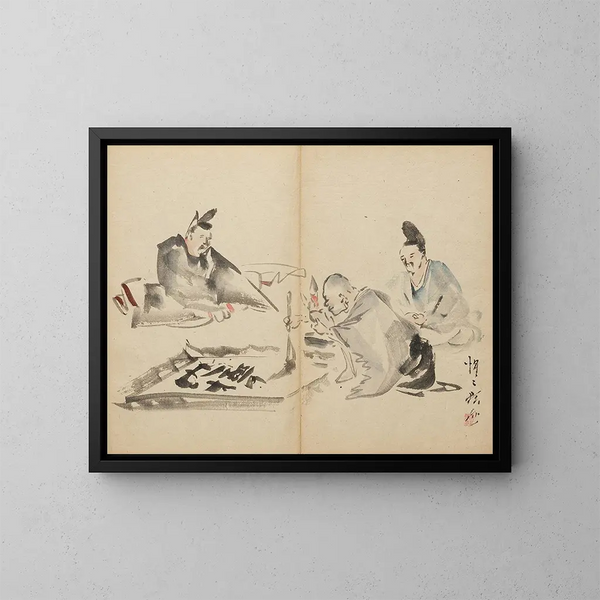 monnik met kalligrafie - Kawanabe Kyōsai — ingelijst kunstwerk aan de muur