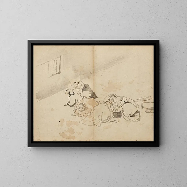 Van mensen die dineren en lezen - Kawanabe Kyōsai — ingelijst kunstwerk aan de muur