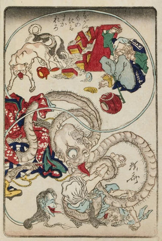 Kawanabe Kysai - Two longnecked creatures accosting a noodle shop customer.webp