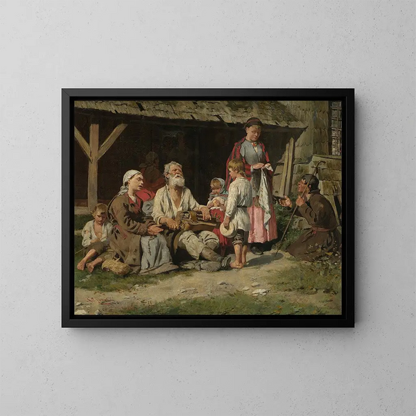 genre scène met een oude speler voor een cottage - Kazimierz Pochwalski — ingelijst kunstwerk aan de muur